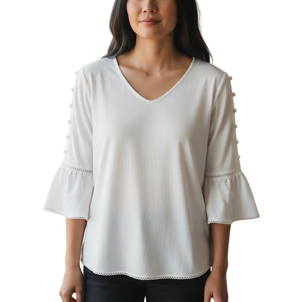 J.Jill White V Neck Bell Sleeve Tunic Top‎ with Button Detail Size XS